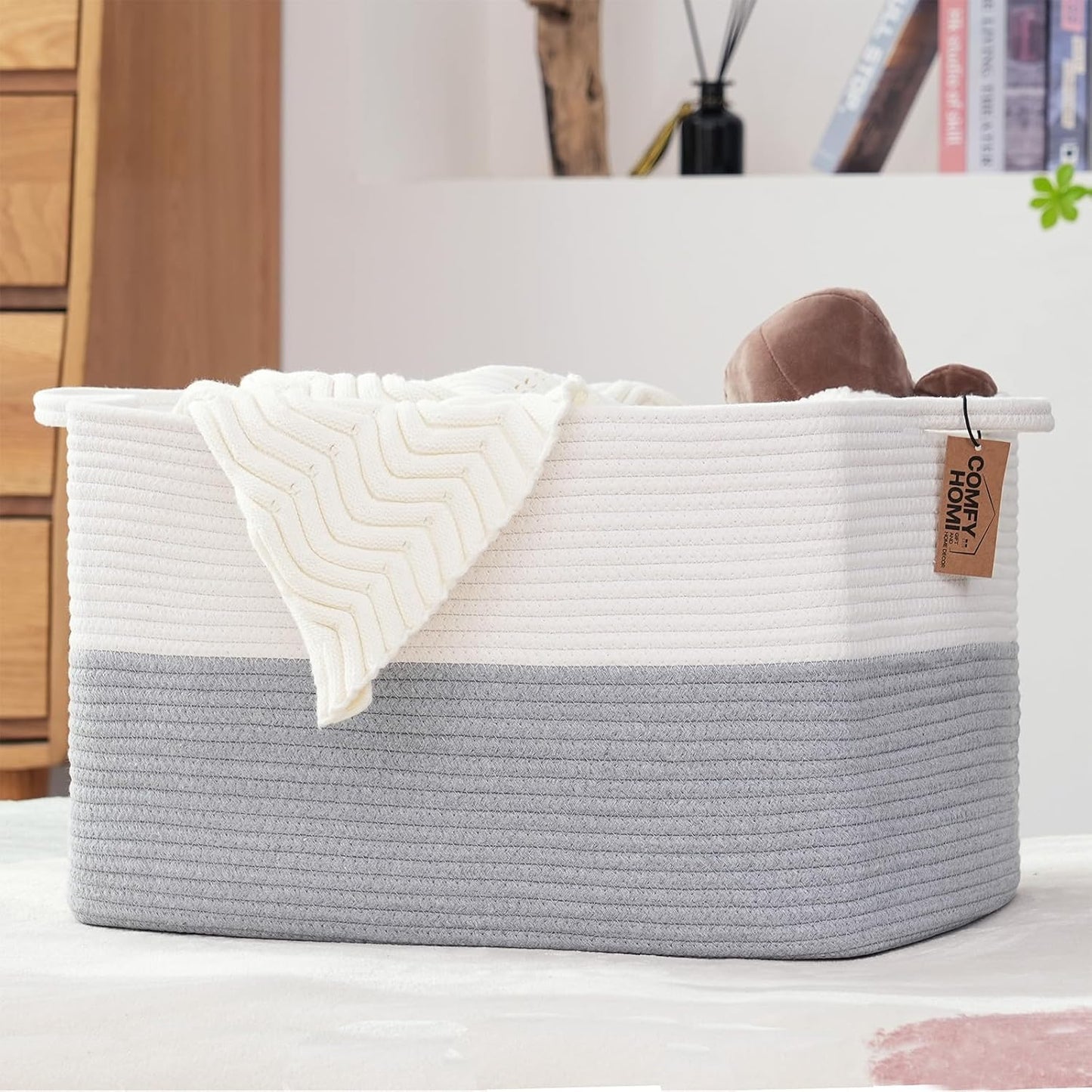 COMFY-HOMI Large Rectangle Laundry Storage Basket | Cotton Rope Woven, Organizing with Handle | Dirty Cloth & Baby Shower Basket | 22x15x12' - White/Grey