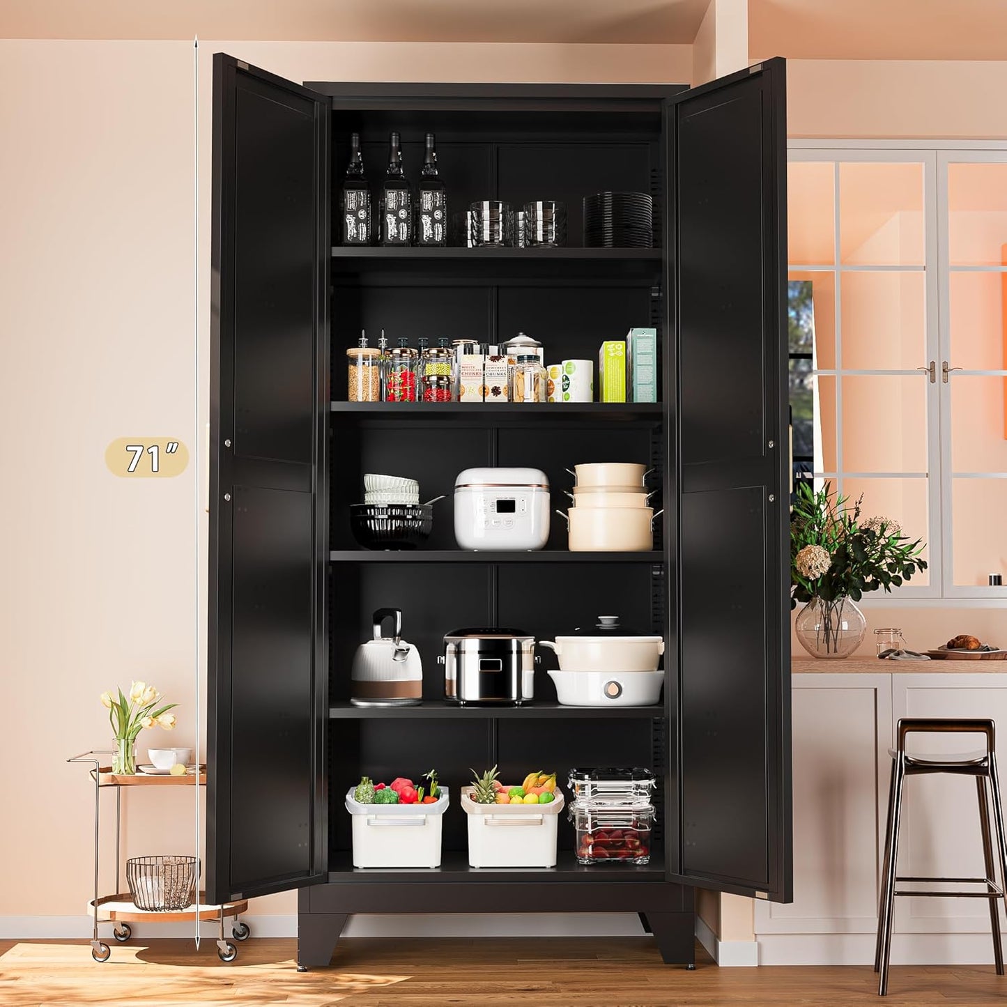 71'' Farmhouse Metal Storage Cabinet with Barn Doors,Steel File Cabinet for Home Office,Kitchen Pantry 4 Adjustable Shelves,Freestanding Cupboard for Kitchen,Home Office (Black)