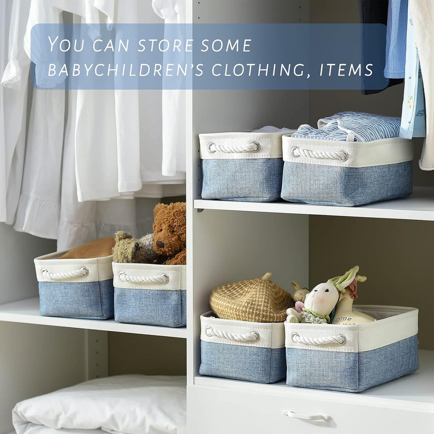 TcaFmac Storage Basket for Shelves - Small 6 Pack Fabric Storage Bins for Organizing, Collapsible Storage Cubes with Handle for Closet Cloth Toy Decorative Gift (White & Blue11.8 x 7.8 x 5.2 inch)