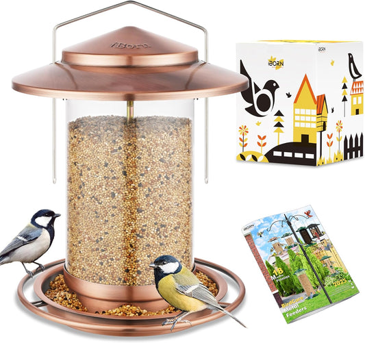 iBorn Bird Feeders for Outdoors Hanging,Metal Bird Feeders for Cardinal Chew Proof 18cm Large Roof&Tray Birdfeeders Outside Hanging,Brushed Copper 6 Port (Seed is not Included)