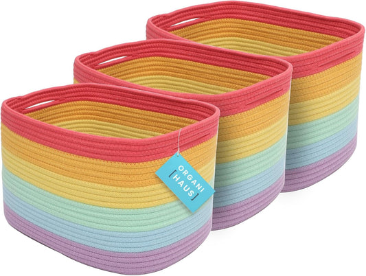 OrganiHaus Set of 3 Rainbow Woven Storage Baskets for Organizing, Cotton Rope Organizer Bins for Shelves, Closet & Nursery, Dog Toy Basket, Decorative Bins for Toys, Towels & Books - 15x10x9