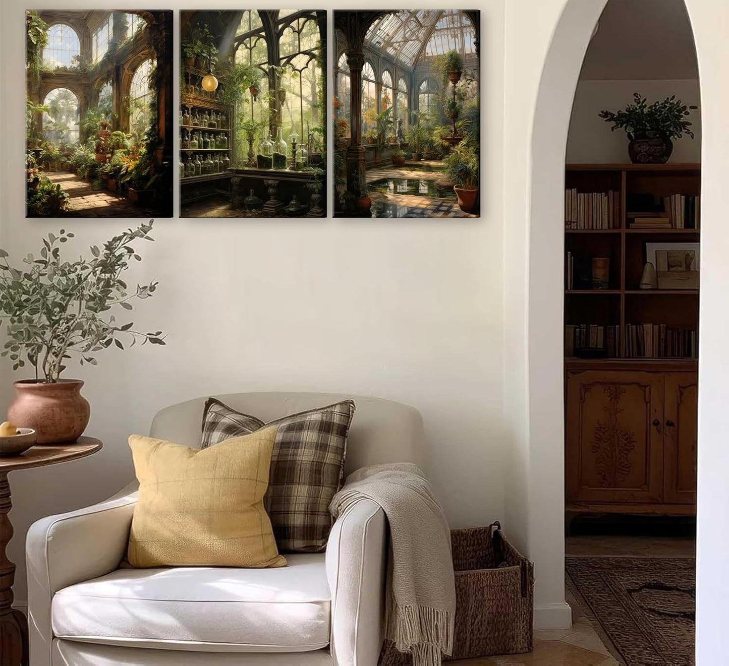 3pcs Framed William Morris Green Plants Canvas Wall Art Medieval Castle Posters Prints Gothictalian Landscape Painting Pictures Paintings Wall Decor for Living Room Bathroom Bedroom Decoration