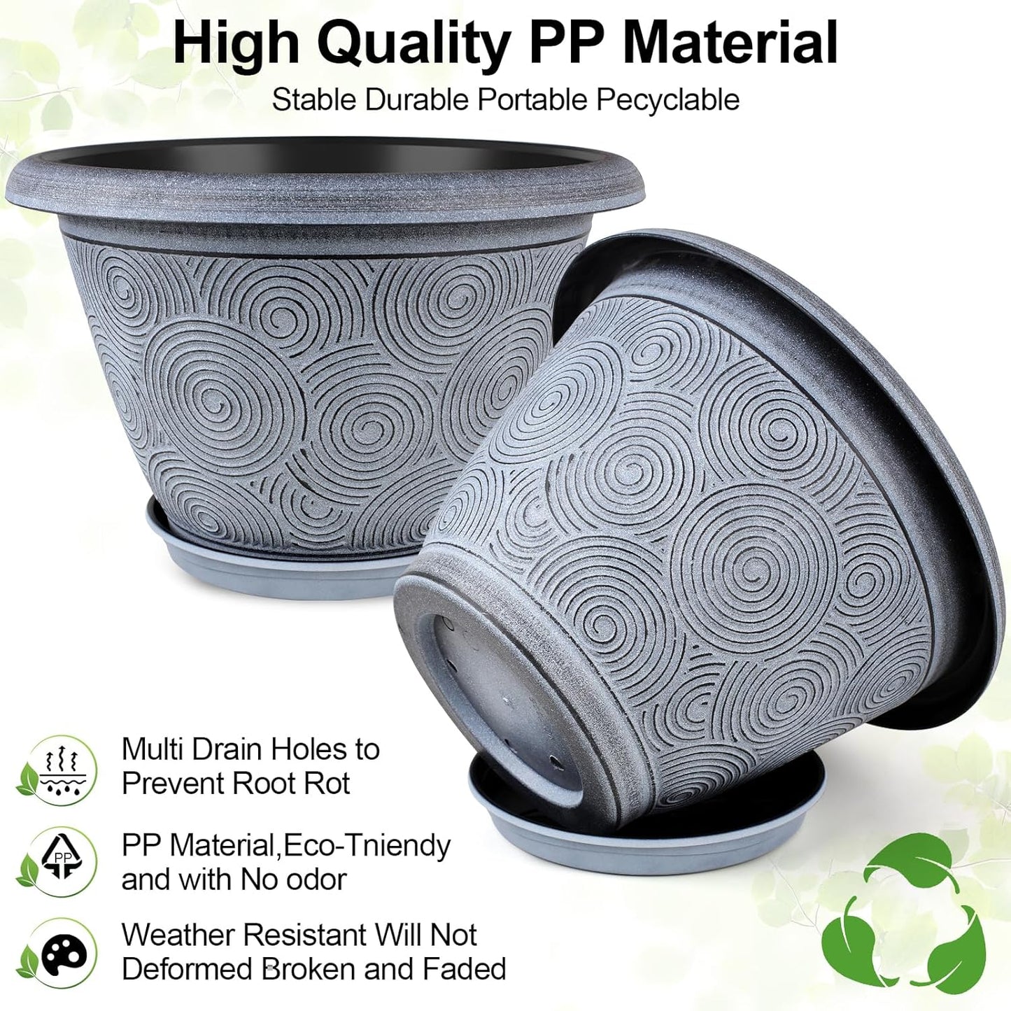 16 Inch Large Planter Pot for Plants Indoor Outdoor, 4 Pack Plastic Flower Pots with Drainage Hole & Tray, Modern Decorative Garden Pot with Saucer, Plant Container for House