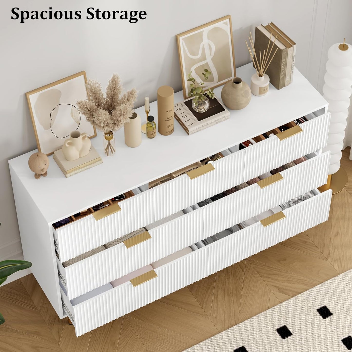 GarveeHome 7 Drawers Dresser for Bedroom, Fluted Chest of Drawers with Gold Handle, Wood Modern Dresser for Closet, Bedroom Furniture Storage Organizer for Living Room, Hallway, White
