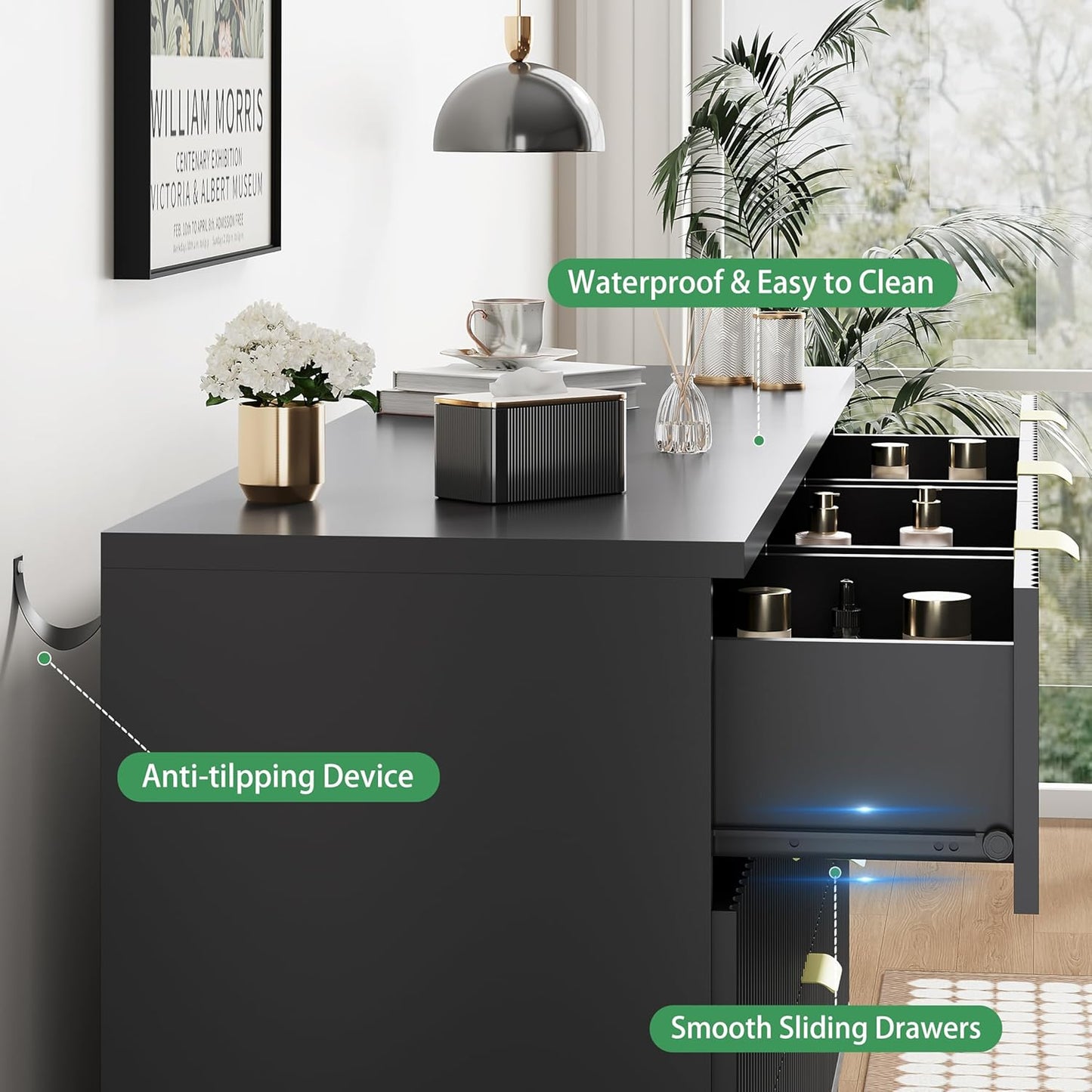 Fluted Dresser for Bedroom with 7 Drawers, 48" Wide Chest of Drawers with Metal Handle, Modern Wood Dresser TV Stand, Wooden Closet Clothes Storage Organizer for Living Room, Hallway, Black