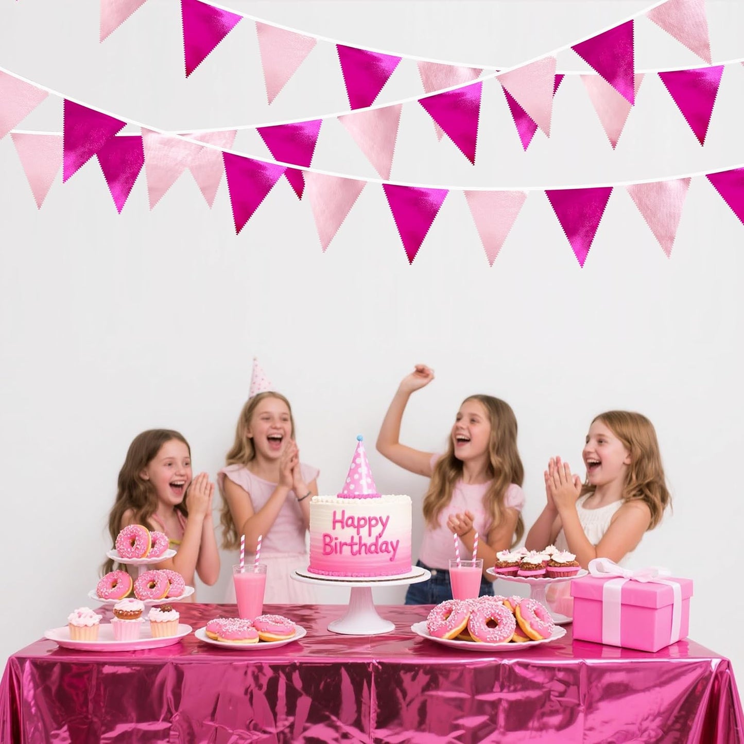 Hot Pink Party Decorations Metallic Fabric Gradient Pink Triangle Pennant Banner Flag Bunting Garland for Women Girl Birthday Retirement Bridal Shower Wedding Baby Shower Bachelorette Party Supplies