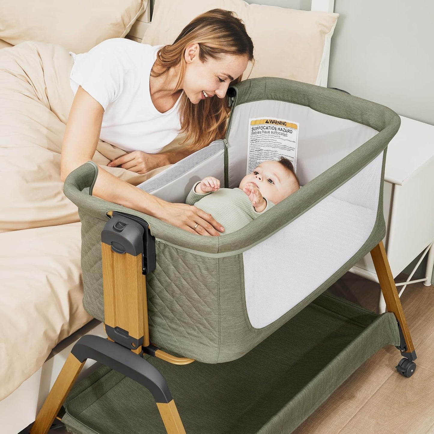 3 in 1 Baby Bassinet, Rocking Bassinets with Comfy Mattress and Wheels, Adjustable Height Bassinet Bedside Sleeper, Easy Folding Portable Crib for Newborn (Green)