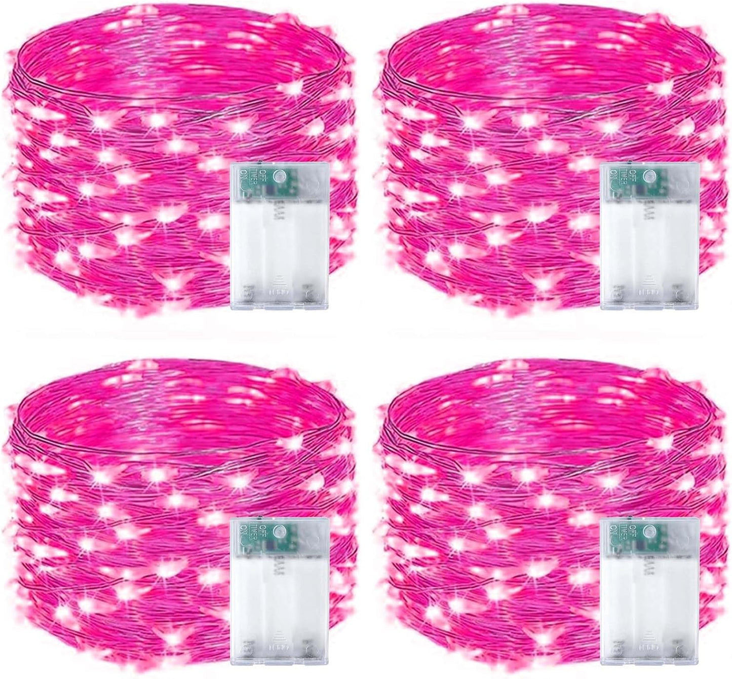 4-Pack 50 LED Pink Fairy Lights Battery Operated with Timer, 16FT Waterproof Starry String Lights Outdoor Indoor, Valentiens Lights for Valentine's Day Bedroom Wedding Birthday Christmas Party Decor
