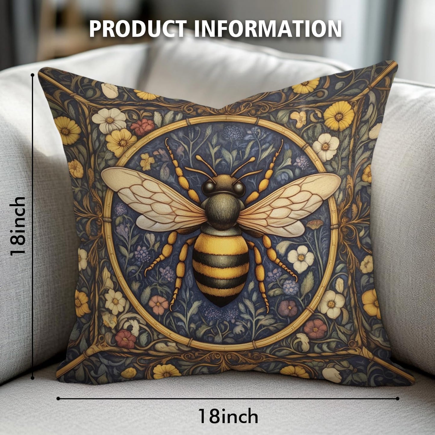 YOU FOUND ME William Morris Abstract Vintage Floral Velvet Butterfly Design Throw Pillow Covers Home Decor, Retro Art Deco Pillowcase Cushion Cover for Bed Sofa Living Room, Square 18x18inch (Bee)