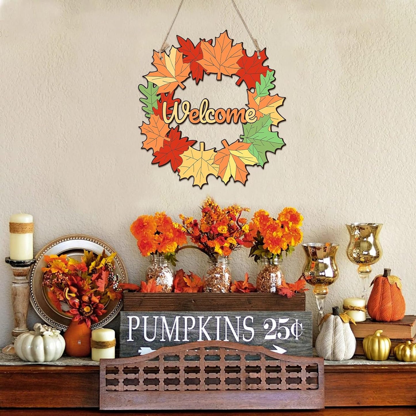 Unfinished Fall Wreaths Wood Crafts to Paint Set of 3, 11" Bulk Fall Leaves Wreath Ornaments for Painting, Unfinished Wood Cutouts DIY Ornaments for Front Door with Ropes (Maple)