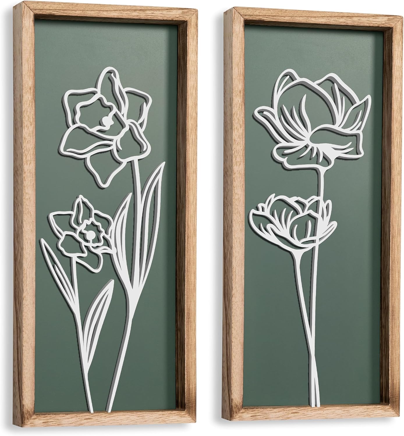 3D Floral Green Wall Art (Set of 2) Lightweight, Wooden Ready-to-Hang Boho Framed Wall Art for Bathroom, Bedroom, Living Room or Office – Premium Sage Green Farmhouse Decor – Gift-Boxed