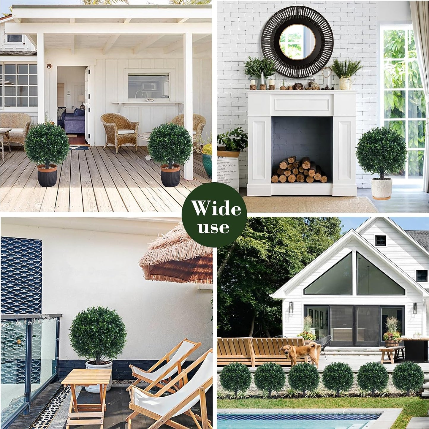 Artificial Boxwood Topiary Ball Bush for Outdoor with Spike, UV Resistant Faux Boxwood Ball Tree with Stake for Outside Set of 2, Weatherproof Round Fake Shrubs for Entryway Front Porch