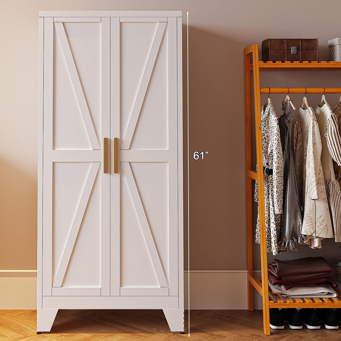 61" Tall Farmhouse Metal Pantry Cabinet, Kitchen Pantry Storage Cabinets with 2 Barn Door and Adjustable Shelves,Metal Pantry Storage Cabinet,for Kitchen,Laundry Room,Home Office,Kids Room (White)