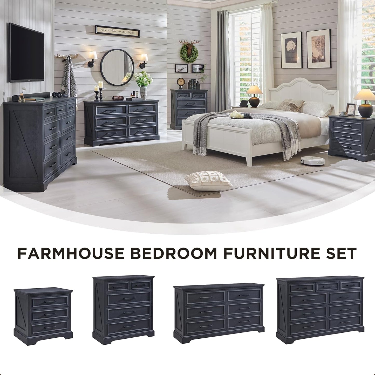 Farmhouse 6 Drawer Dresser for Bedroom, 52 Inch Wide Modern Dresser TV Stand with Large Drawers & Bar Handles, Rustic Wood Chest of Drawers for Bedroom, Living Room, Hallway, Black
