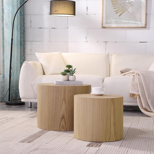 18.9”Round Nesting Coffee Table Set of 2,Wooden Circle Coffee and End Tables,Durable Accent Furniture,Modern Space-Saving Design for Small Living Rooms,Offices,No Assembling Needed,Oak