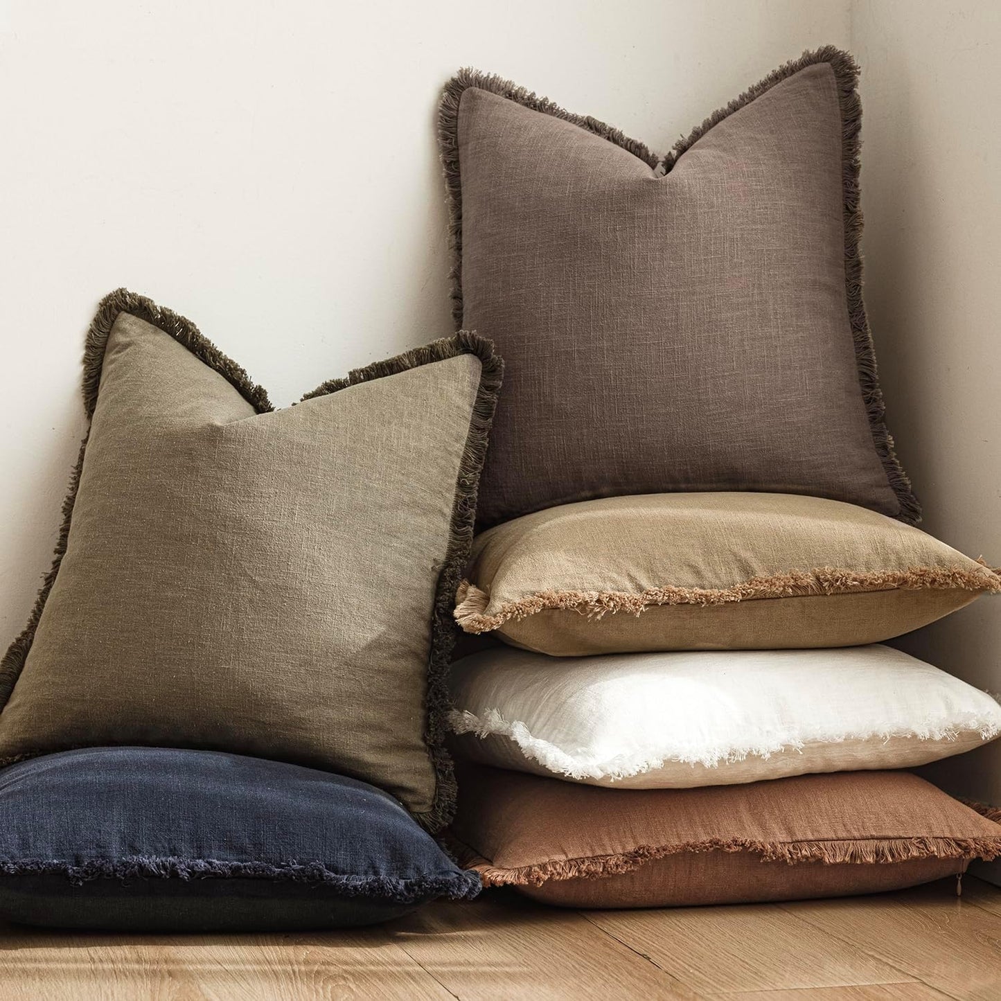 Foindtower Set of 2 Decorative Linen Fringe Lumbar Throw Pillow Covers Boho Farmhouse Cushion Cover with Tassels Accent Pillowcase for Couch Sofa Bed Living Room Home Decor,12×20 Inch,Light Coffee