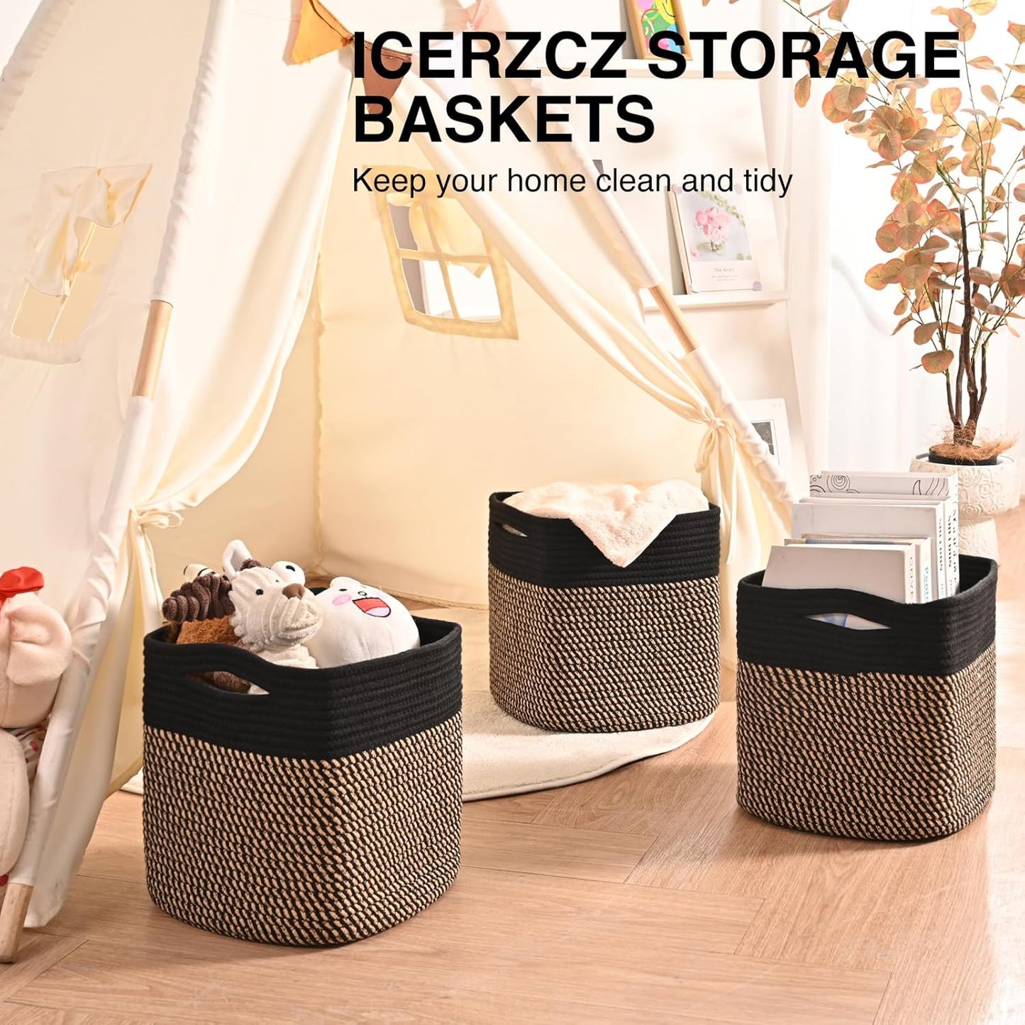 11 Inch Cube Storage Bins, Storage Cube Organizer Bins, Woven Cotton Rope Baskets for Storage, Storage Basket for Organizing Shelves, Square Baskets for Toys Nursery, Black & Jute (Pack of 3)