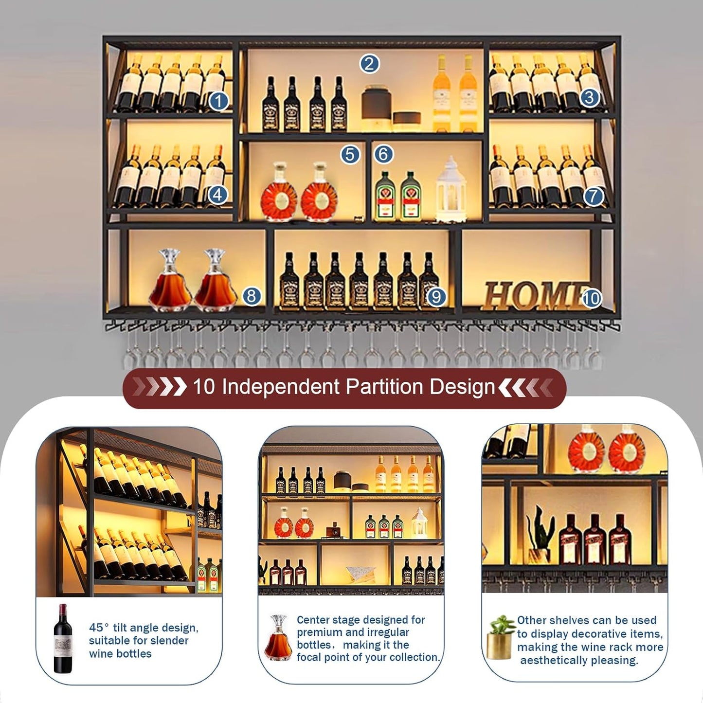 78.7Inch Wall Mounted Wine Rack, 3 Tiers Large Bar Shelves with 21 Glass Holder, Metal Wine Bottle Display Shelf, Modern Iron Liquor Shelf, for Kitchen Dining, Home Bar, Cellar (78.7" W)