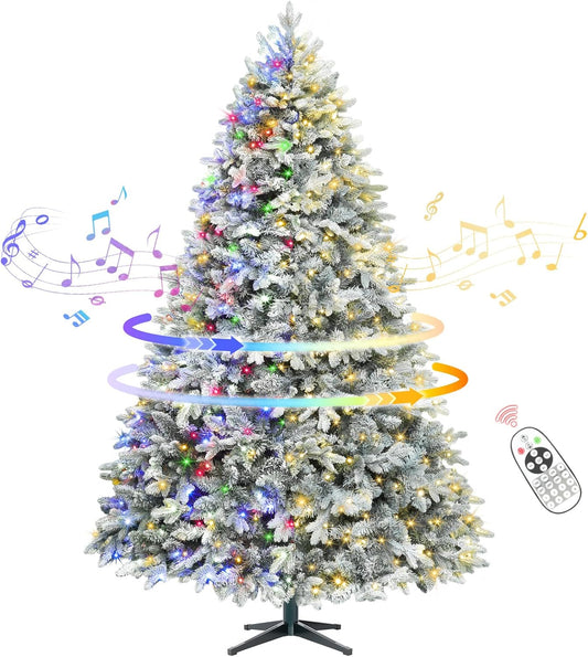 7.5FT Snow Flocked Pre-Lit Christmas Tree with 360° Rotating Base, 1470 PE/PVC Tips, 470 LED Lights, 8 Modes, Dimmable and Timer Functions, Musical Artificial Xmas Tree for Holiday Decor