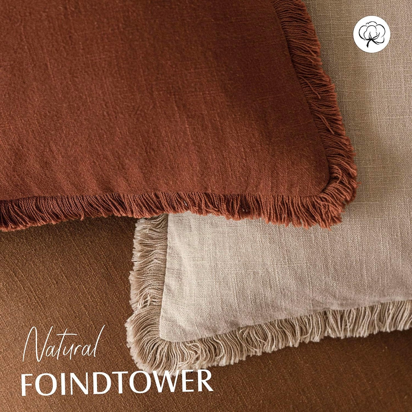 Foindtower Set of 2 Decorative Linen Fringe Throw Pillow Covers Boho Farmhouse Cushion Cover with Tassels Soft Accent Pillowcase for Couch Sofa Bed Living Room Home Decor,24×24 Inch,Orange Brown