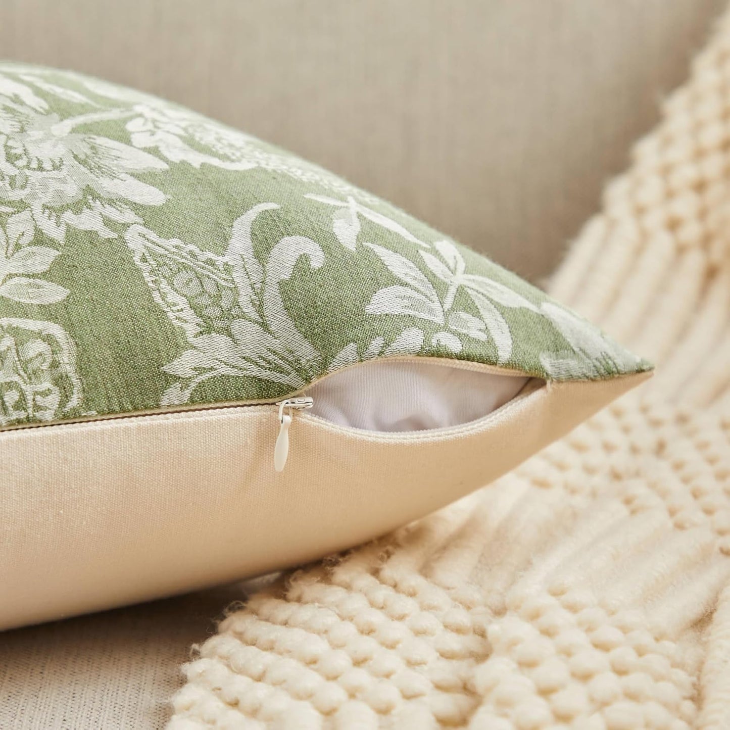 Floral Jacquard Throw Pillow Covers Set of 2, Background/Green 18x18 Inch, Farmhouse Decorative Cotton Sage Green Cushion Covers for Sofa Bed Living Room Home Decor