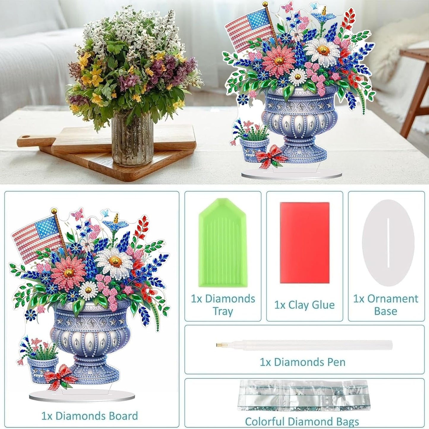 Diamond Painting Kits for Adults Beginners, 5D Full Drill Flowers Crystal Art Desktop Ornament, DIY Single Sided Home Office Desk Decor, Creative Craft Gift Set with Tools