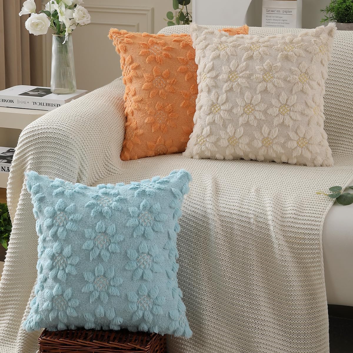 DFXSZ Spring Summer Pillow Covers 18x18 inch Set of 2 Farmhouse Decor White Flower Heart Sunflower Blue Soft Plush Faux Fur Jacquard Throw Pillows for Sofa Holiday Spring Home Decor PTK024G18