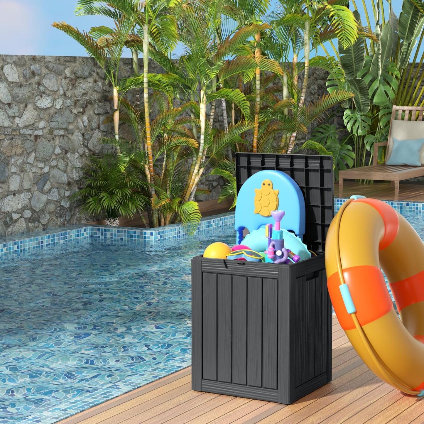 28 Gallon Resin Deck Box, Lockable Patio Outdoor Storage Box for Furniture, Garden Tools and Tools Storage, Waterproof Outside Storage Boxes - Black