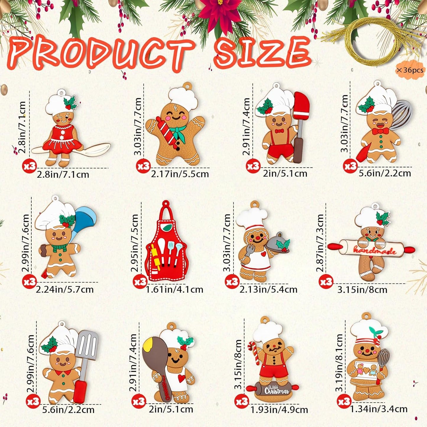 36pcs Gingerbread Christmas Decoration for Tree - Cooking Gingerbread Man Ornaments Christmas Hanging Decor for Christmas Tree Home Kitchen Decor Party Supplies