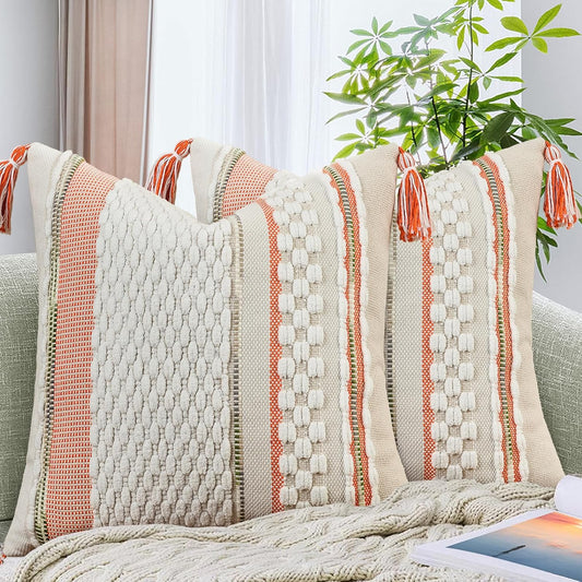 AmHoo Set of 2 Chenille Striped Textured Boho Throw Pillow Covers Aesthetic with Tassels Woven Decorative Pillow Case for Couch Bed Sofa Bedroom Modern Funky 18 x 18-Inch White Orange