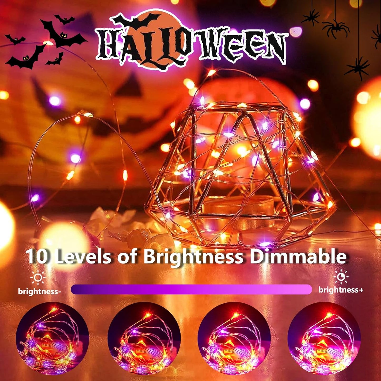 3 Pack 78 FT 240 LED Fairy Lights Battery Operated with Remote & Timer, Orange and Purple Halloween String Lights 8 Modes Waterproof Twinkle Lights for Indoor Outdoor Halloween Party Home Decorations