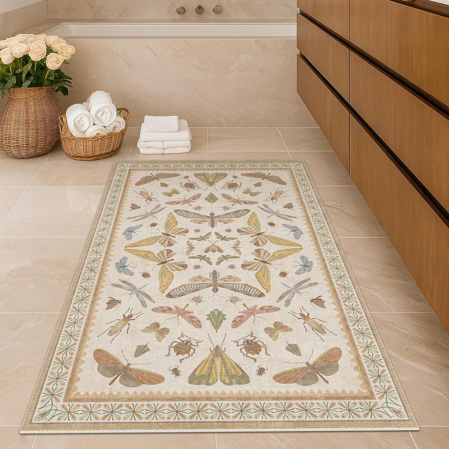 3x5 Washable Non-Slip Bathroom Rug, Colorful Insect Rug for Kids Room - Ultra Soft Low Pile Cottagecore Butterfly & Beetle Pattern for Nature-Inspired Home Décor