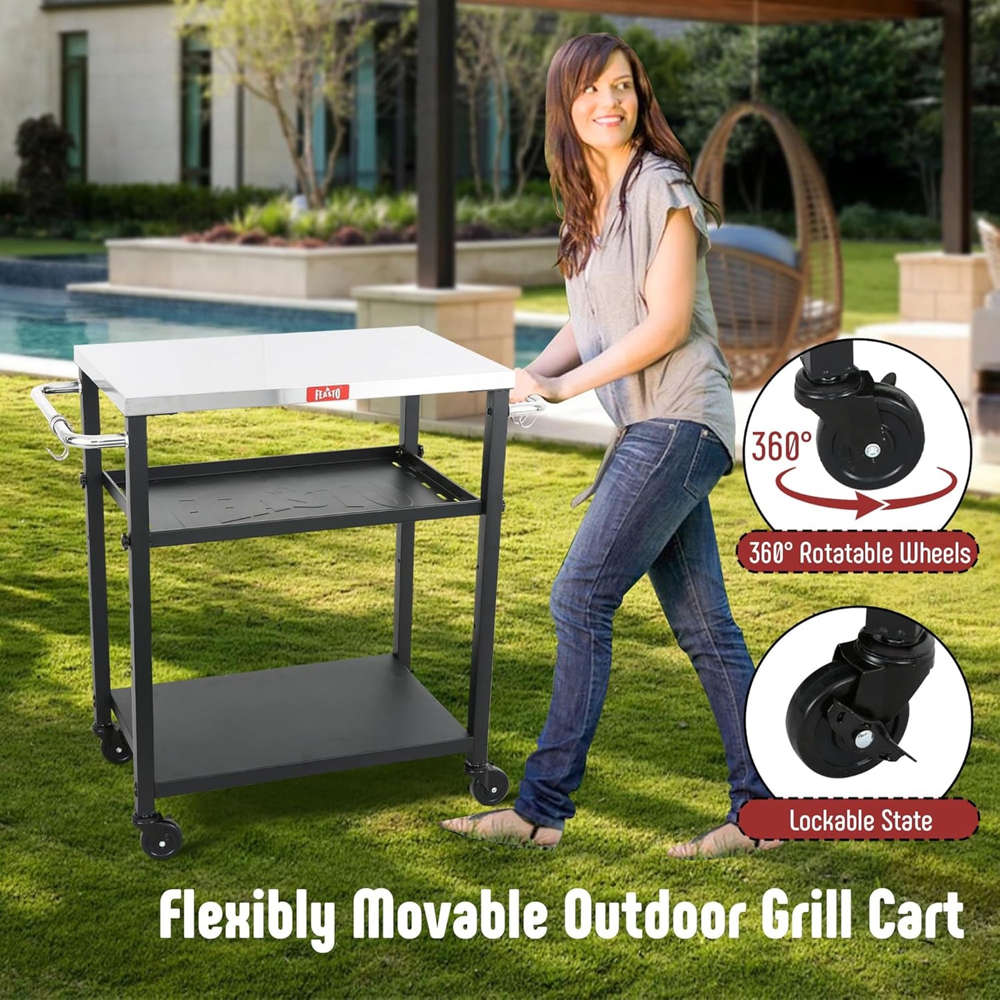 3-Shelf Grill Table,Pizza Oven Stand with Adjustable Shelf, Movable Grill Cart, for Outside,Outdoor Bar Cart with Wheels,Stainless Steel Tabletop,L34xW16.1