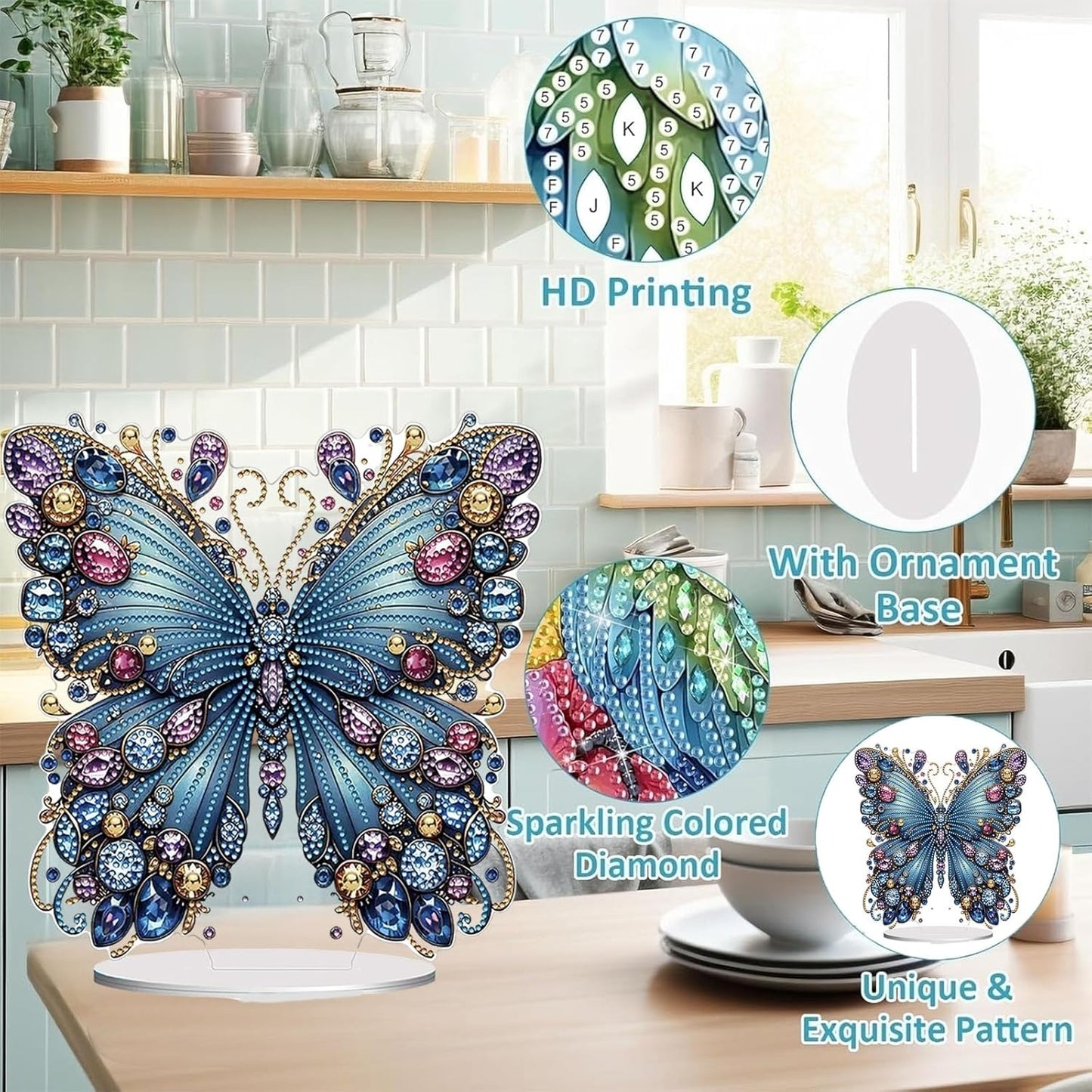 Diamond Painting Kits for Adults Beginners, 5D Full Drill Flowers and Butterfly Crystal Art Desktop Ornament, DIY Single Sided Home Office Desk Decor, Creative Craft Gift Set with Tools