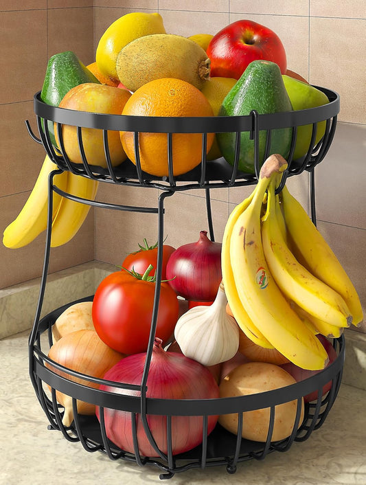 2 Tier Fruit Basket for Kitchen Counter with 2 Banana Hangers, Metal Stackable Fruit Bowl for Kitchen Counter for Bread Vegetable Fruits, Black