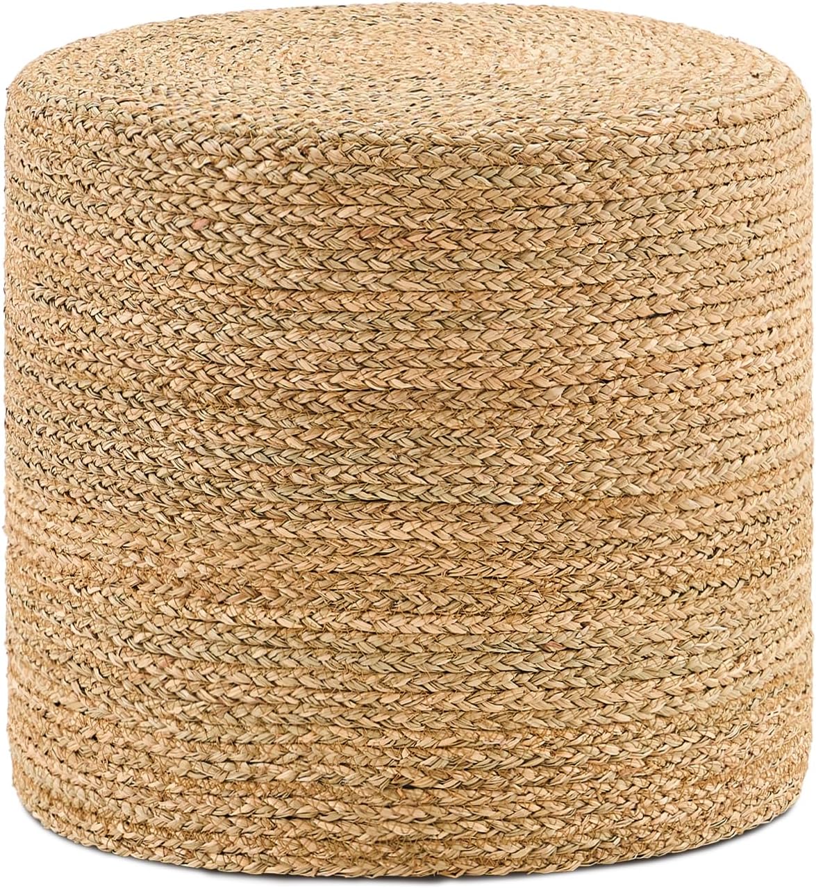 Handwoven Ottoman Pouf, Natural Seagrass Footstool, Round Braided Outdoor Seat with Sturdy Frame, Boho Accent Stool for Patio, Balcony, or Garden (Seagrass)
