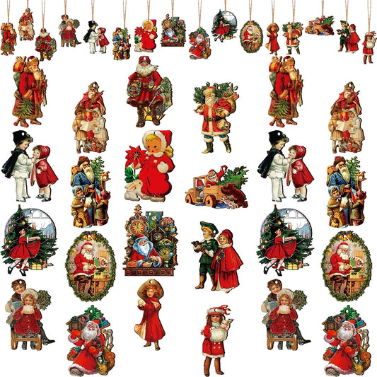 48 Pcs Vintage Wood Ornaments - Victorian Style Santa Claus, Snowman & Retro Decor for Christmas Trees