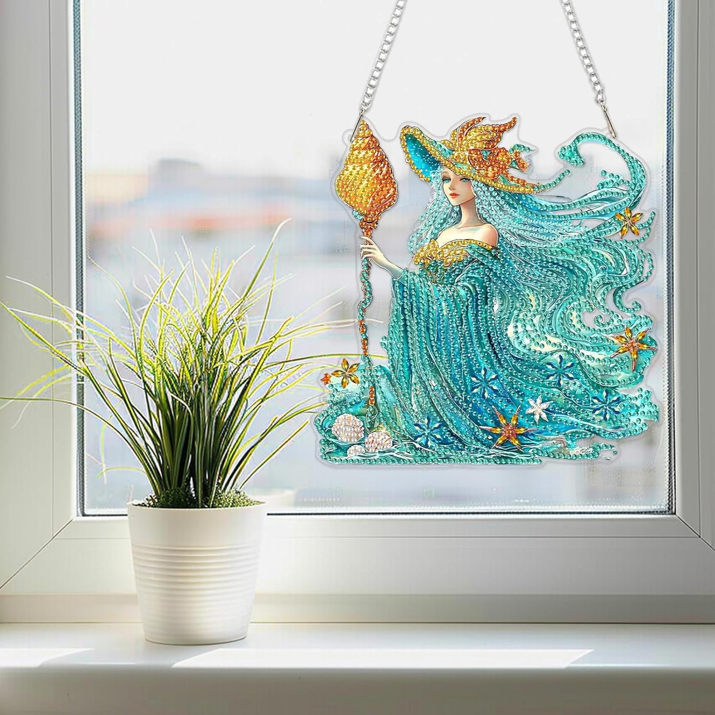 SENQAO Fairy Diamond Art Hanging Kit for Adult, Special Shaped Rhinestone, Double Sided DIY Acrylic Diamond Art Painting Window Pendants Home Garden Wall Hanging Kits Hanging Ornament (Shell Witch)
