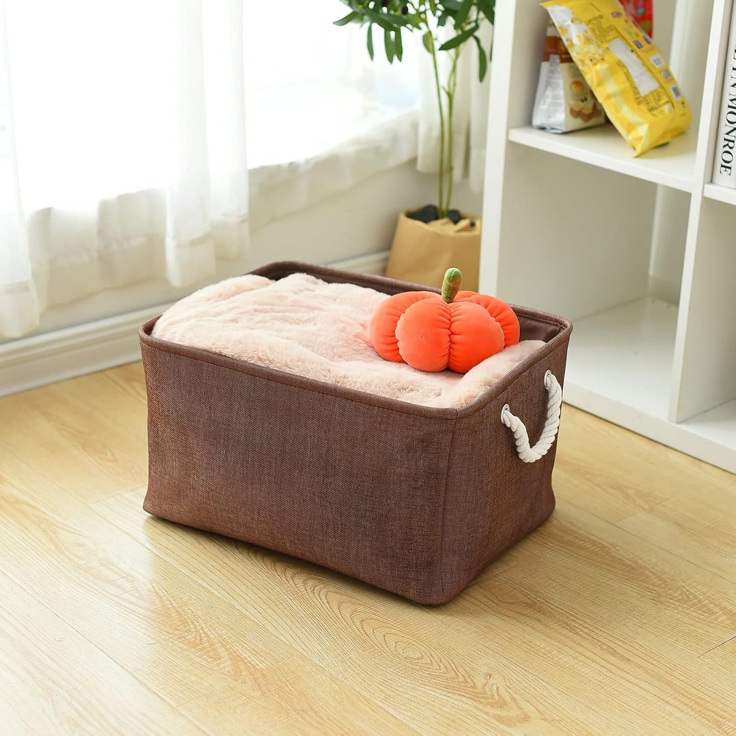 TheWarmHome Organization and Storage Basket for Organizing - 17x14x10 inch 3 Pack Fabric Storage Cubes, Collapsible Storage Bins for Shelves Closet Organizer Toy Gift Cloth (Brown)