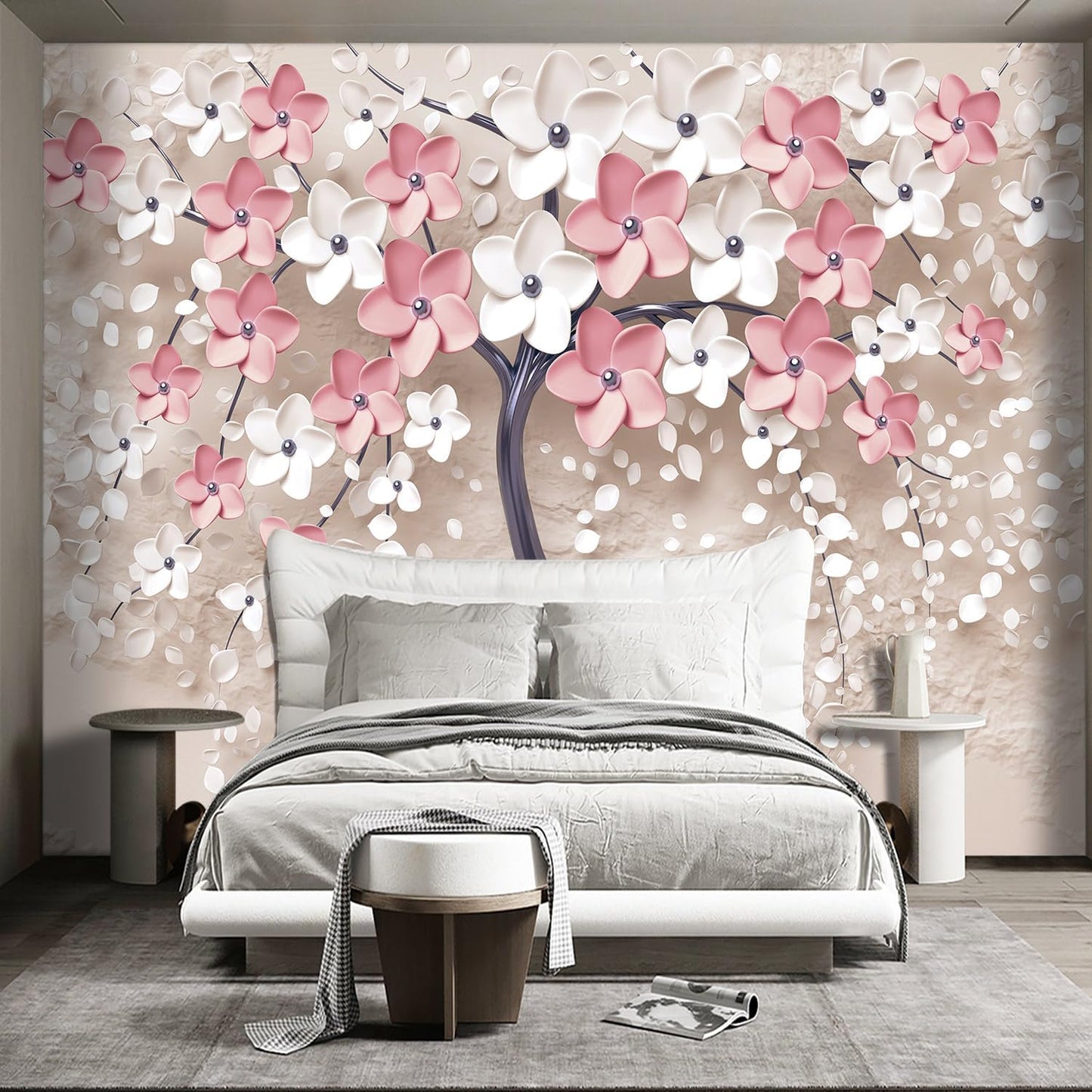 3D Relief Abstraction Pink Flowers Tree Mural Bedroom Floral Wallpaper Room Decor Living Room tv Background Large Wall Mural - 91"x65" (Not Peel and Stick)
