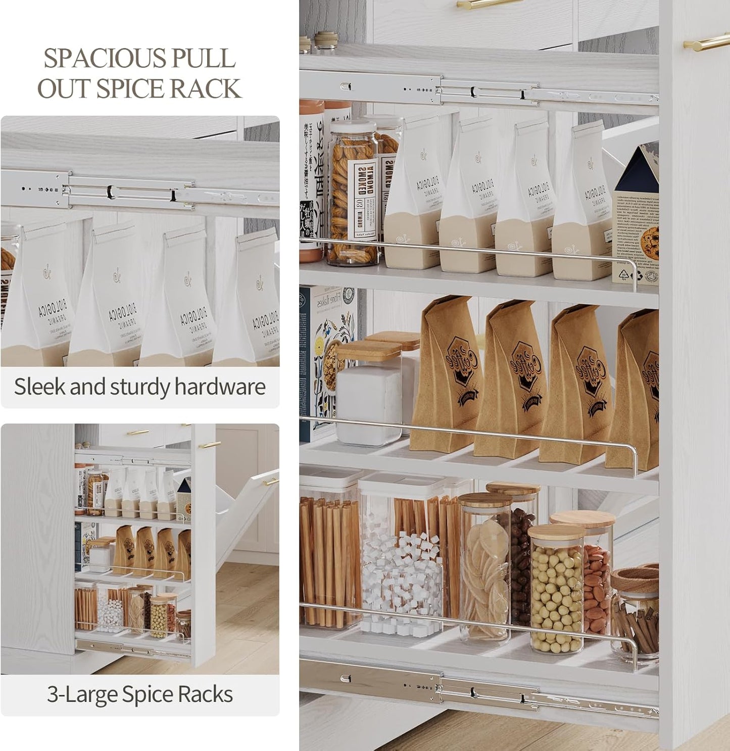 4 EVER WINNER Kitchen Island on Wheels with Storage,Rolling Kitchen Cart with Spice Rack & Towel Rack,Portable Island with Trash Can Storage,Mobile Islands for Dinning Room,White