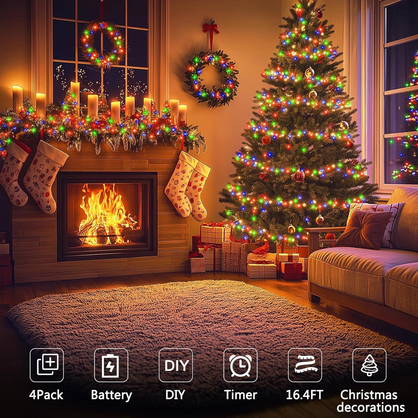 4 Pack Christmas Fairy Lights Battery Operated, 16.4FT 50 LED Dark Green Wire Twinkle Lights with Auto Timer Waterproof, Outdoor String Light for Indoor Outdoor Bedroom Yard Decor (Multicolor)