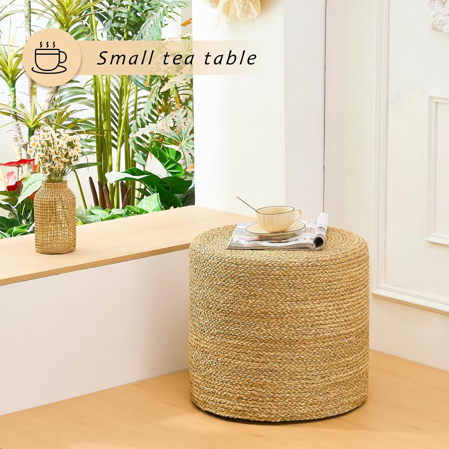 Handwoven Ottoman Pouf, Natural Seagrass Footstool, Round Braided Outdoor Seat with Sturdy Frame, Boho Accent Stool for Patio, Balcony, or Garden (Seagrass)