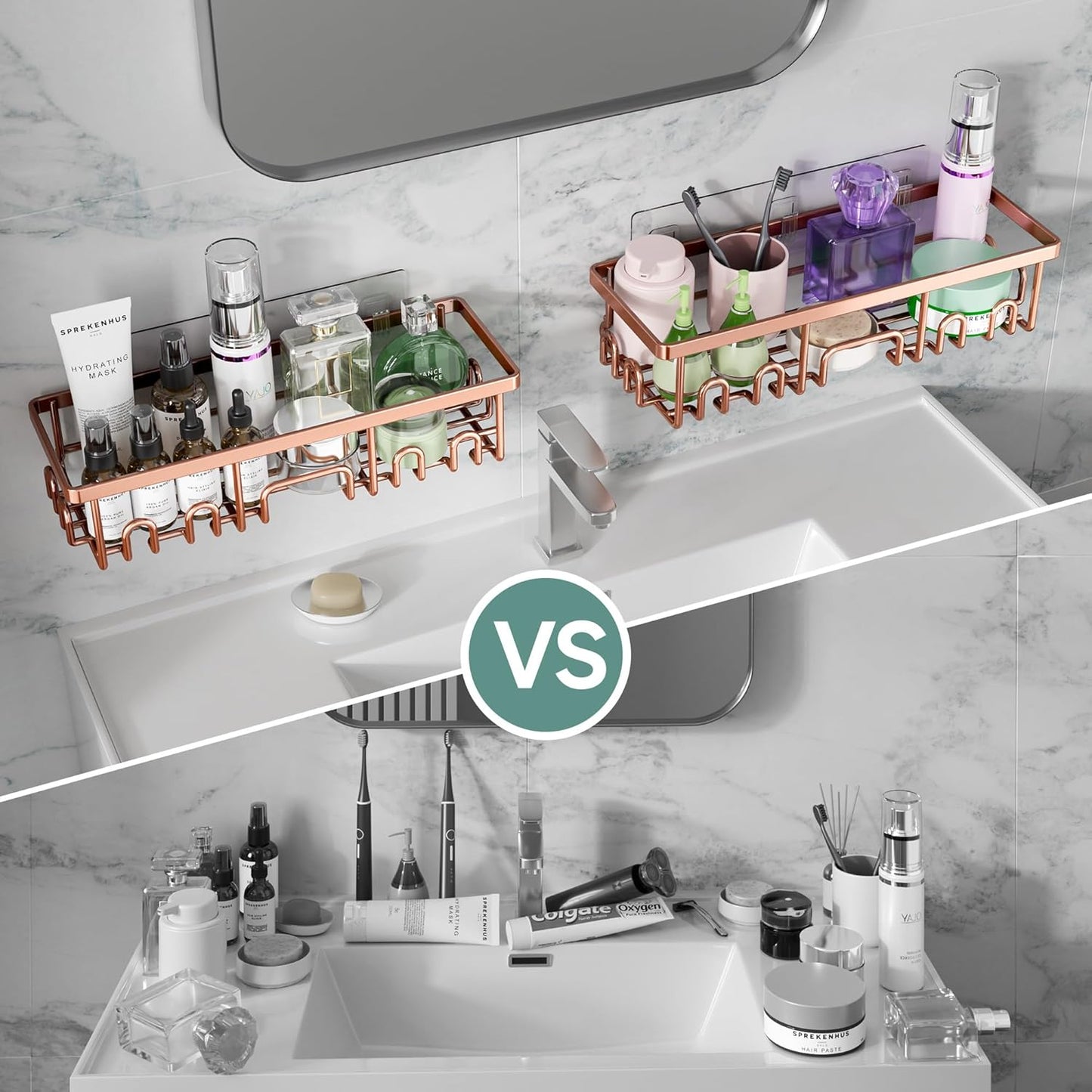 Veken Shower Caddy 6-Pack, No Drilling & Rustproof, Waterproof Adhesive Shelves Rack with Soap Holder, Large Capacity Bathroom Organizers and Storage, Wall-Mounted Kitchen & Home Decor