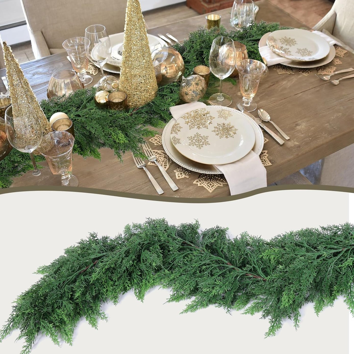 Hananona 6 FT 2 Pcs Artificial Cedar Garlands, Real Touch Winter Cedar Garland, Green Artificial Greenery Pine Garland for Table, Mantle, Wall, Indoor, Outdoor Christmas Decorations (2, 6 FT)