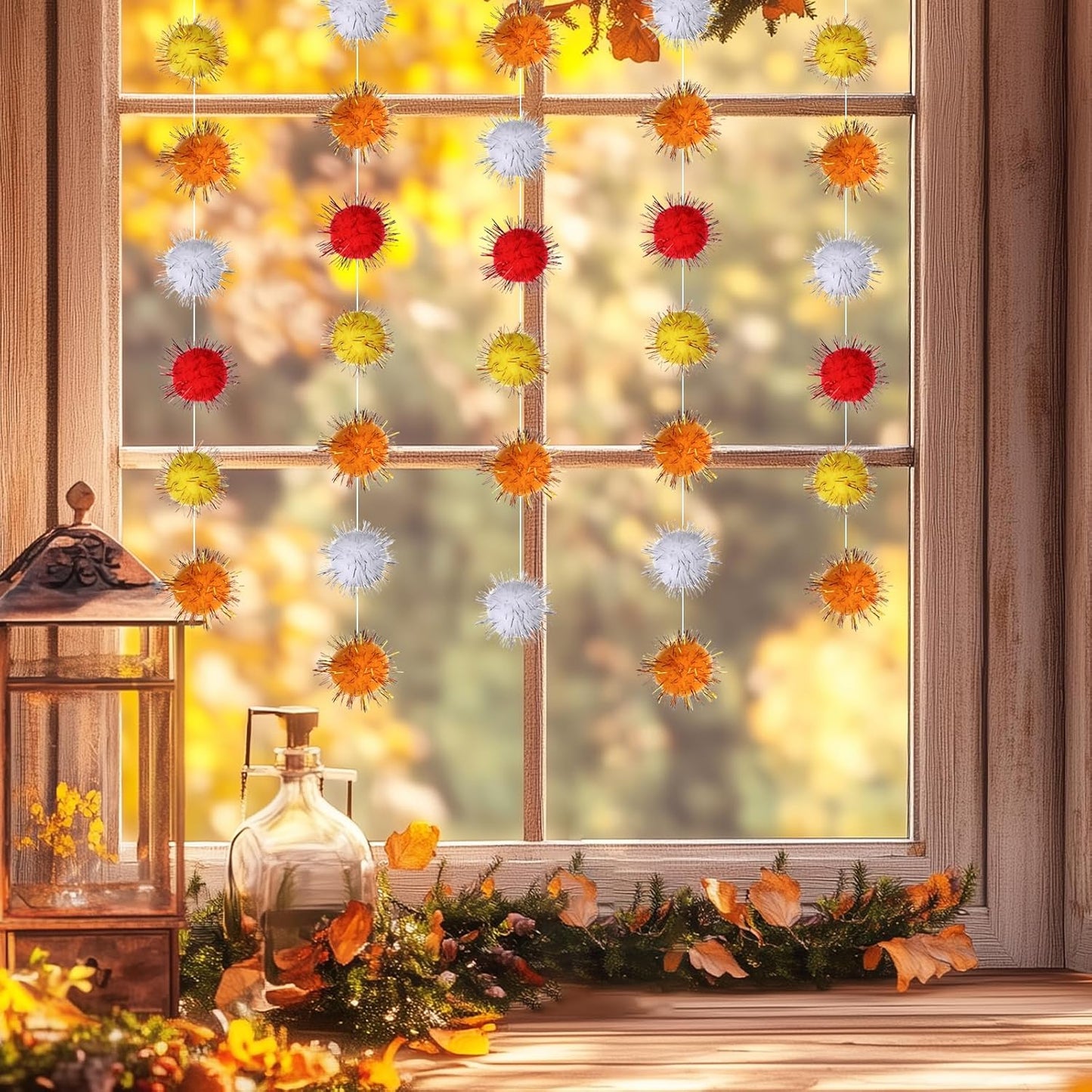 4 Pack Fall Glitter Felt Ball Garlands, Glittery Pom Pom Garland Orange, Yellow, White, Red Large Felt Ball Decorations for Autumn Thanksgiving Halloween Party Decor