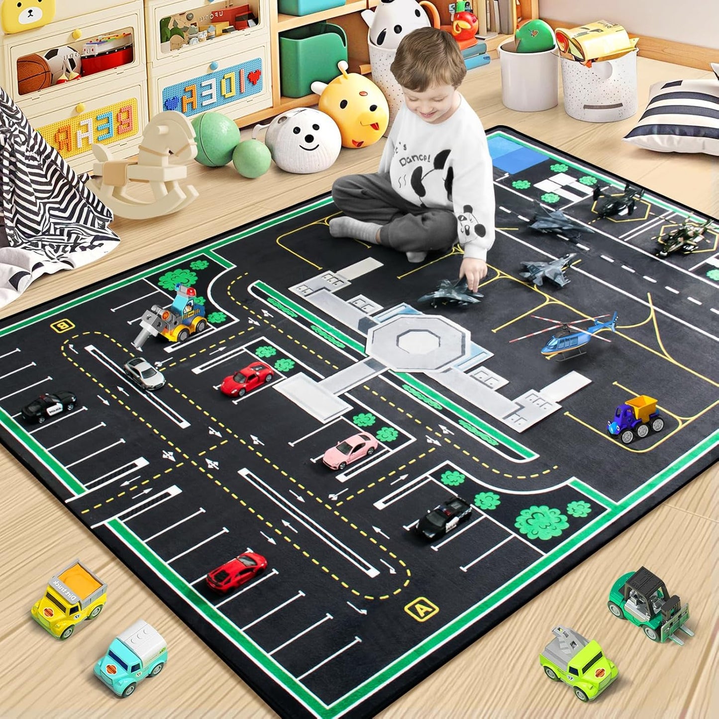 Kids Rug, Road Carpet for Kids with Combined City Road Traffic System, Car Rug and Airport Play Mat, 3x5 Ft Children’s Play Rugs for Playroom, Children’s City Traffic Map Fun Car Mat,Non-Slip