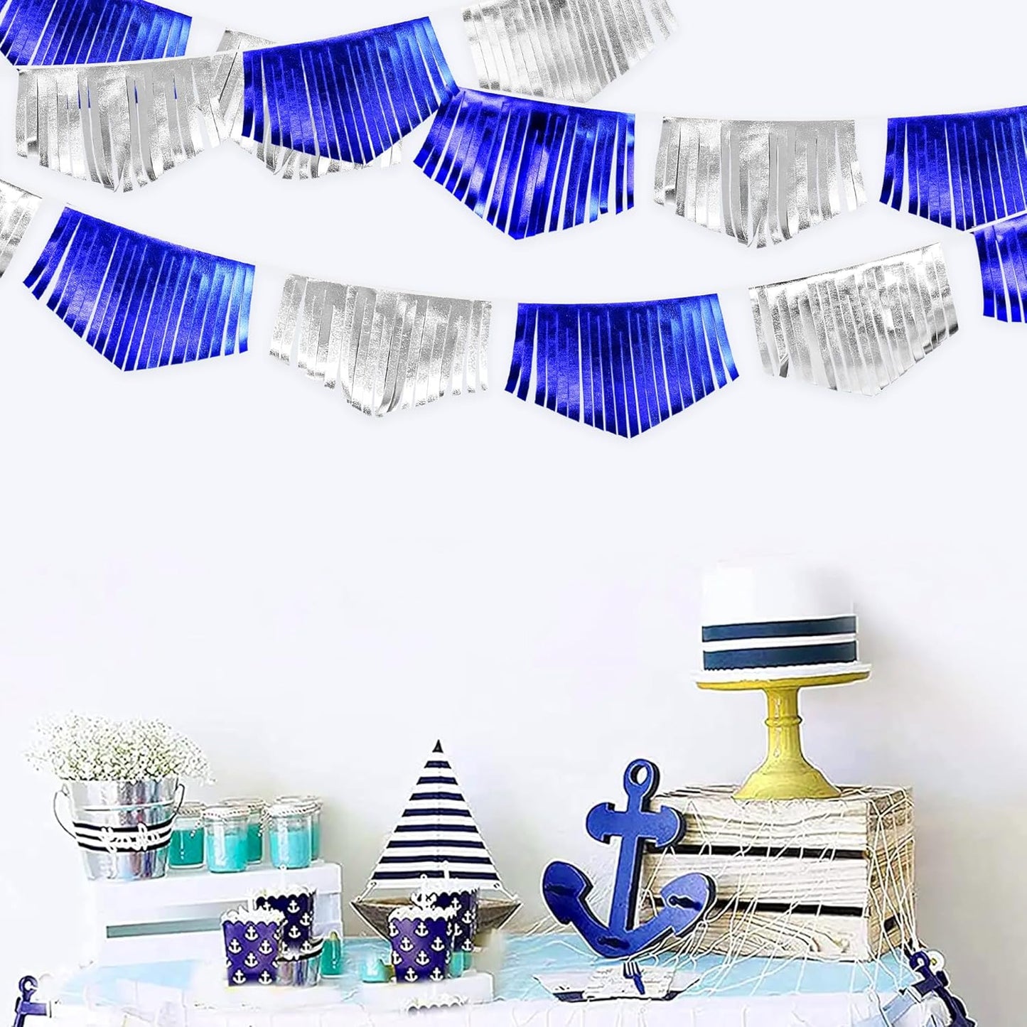 Royal Blue Silver Tassel Banner Metallic Fabric Pennant Bunting Flag for Graduation Birthday Retirement Bachelorette Engagement Wedding Bridal Shower Navy Nautical Ahoy Achor Party Decoration Supplies
