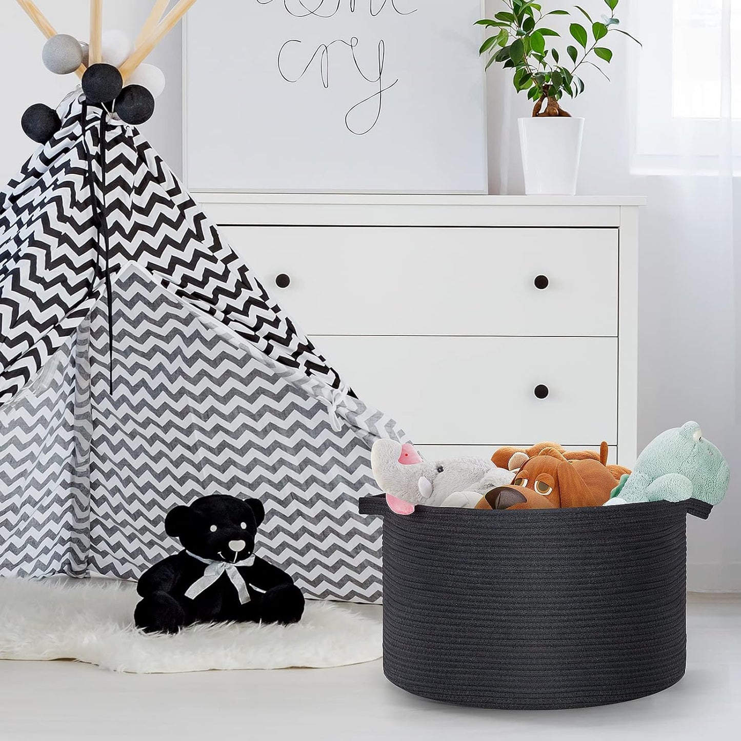 Ravinte Blanket Basket - 20"x 20"x 13" Cotton Rope Basket for Living Room, Baby Toy Storage Basket, Large Woven Laundry Basket (Black)