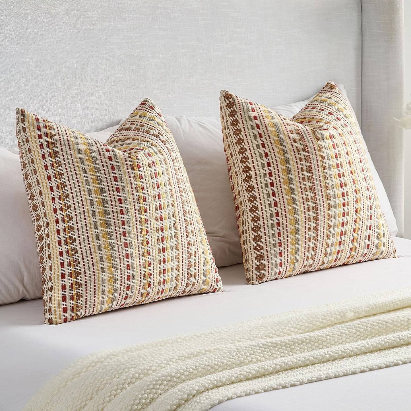 FUTEI Brown Red Decorative Throw Pillow Covers 18x18 Inch Set of 2,Soft Cozy Chenille Jacquard Textured Cushion Case,Boho Home Decor for Couch Bed Living Room